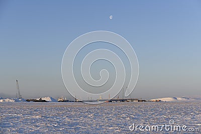 Town in tundra. Winter time. Construction Marine offshore works Stock Photo