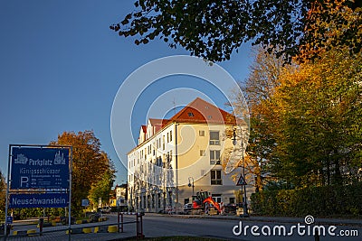 Germany, Bavaria, Schwangau, Neuschwanstein Castle, dusk, small town Editorial Stock Photo