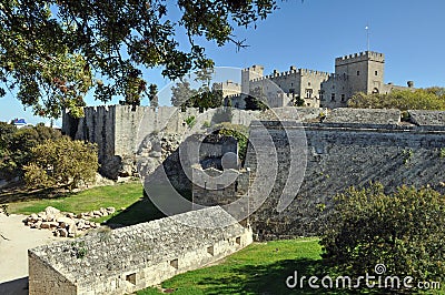 The town walls and moat in Rhodes Stock Photo