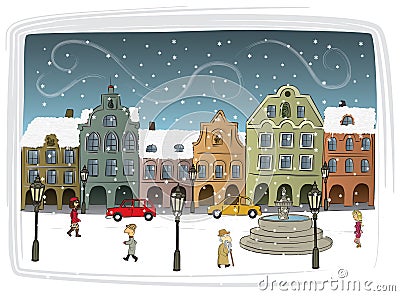 Town in Winter Vector Illustration