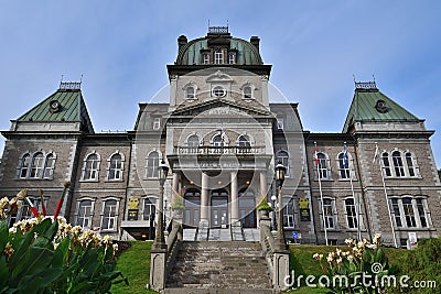 Townhall historical building. Sherbrooke, Quebec city hall front view. Green copper roof details Editorial Stock Photo