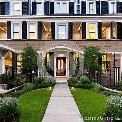 A townhouse with a garden, a wrought iron fence, and a cozy front porch2, Generative AI Stock Photo