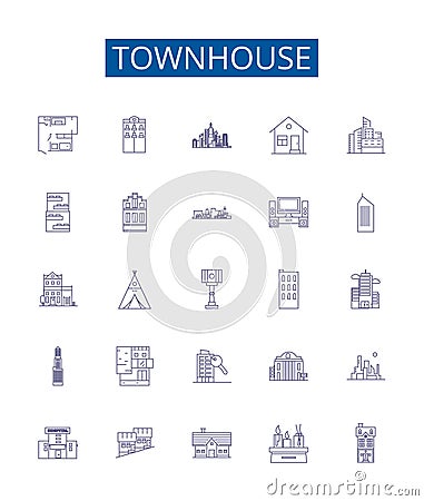 Townhouse line icons signs set. Design collection of Townhome, Townhouse, Rowhouse, Villa, Cottage, Bungalow, Duplex Vector Illustration