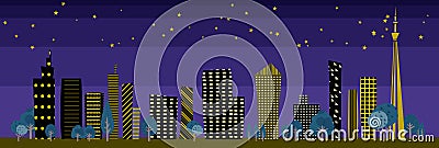 Townscape back image illustration Night wide size Vector Illustration