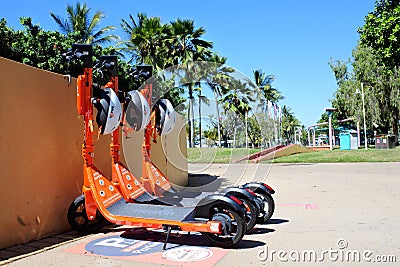 E-scooters on the strand waterfront in Townsville Queensland Australia Editorial Stock Photo