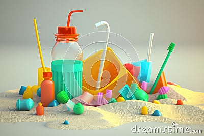 Toxic Beach: close-up of beach littered with plastic waste, including bottles, bags, and straws, as well as toxic Stock Photo