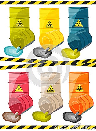 Toxic chemicals leak out of the container with the sign dangerous. Vector Cartoon Illustration