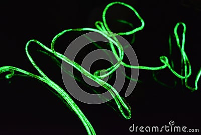 Toxic green lime lighting with a specific pattern. Woven filaments, cable, wires with outgoing light. Neon electroluminescent wire Stock Photo