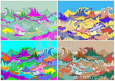 Toxic Hallucination Colors Ocean Waves Set Vector Illustration