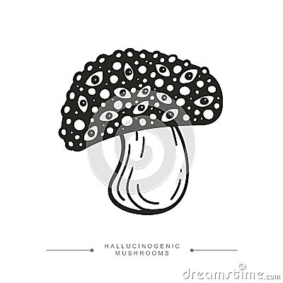 Toxic magical hallucinogenic mushroom. Black and white drawing of psilocybin mushroom. Vector illustration Vector Illustration