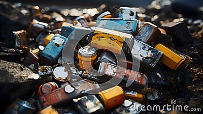 Toxic single use batteries releasing toxic acid to the soil. Stock Photo