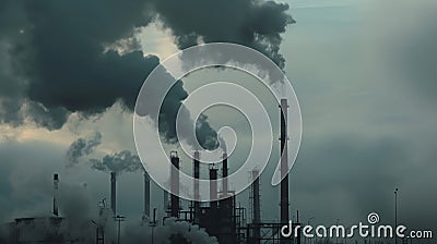 Toxic smog over the city. A large industrial plant emits clouds of smoke and steam into the sky. The scene is gloomy and ominous Stock Photo