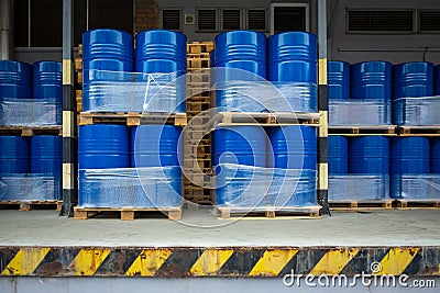 Toxic waste/chemicals stored in barrels at a plant Stock Photo