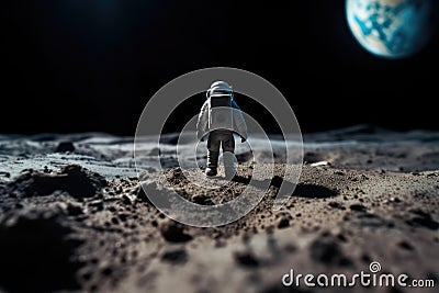 The toy of the astronaut stands on the moon's surface Stock Photo