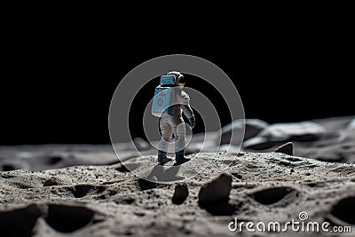 The toy of the astronaut stands on the moon's surface Stock Photo