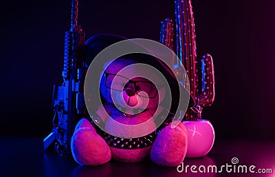 toy bear with glasses and a cowboy hat on a leather belt accessory for BDSM games gift Stock Photo