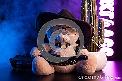 toy bear with glasses and a cowboy hat on a leather belt accessory for BDSM games gift Stock Photo