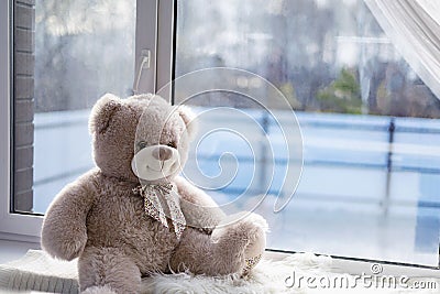 Toy bear sits on a window Stock Photo