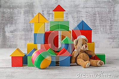 Toy Blocks City, Baby House Building Bricks, Kids Wooden Cubic o Stock Photo
