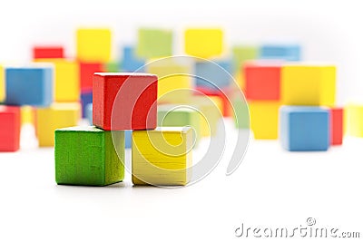 Toy Blocks Cubes, Three Wooden Babies Color Building Boxes Stock Photo