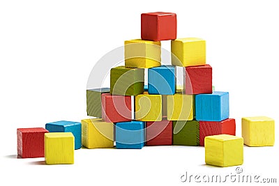 Toy blocks pyramid, multicolor wooden bricks stack Stock Photo