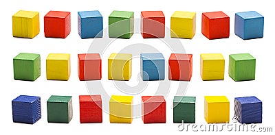 Toy Blocks, Wooden Cube Bricks, Colored Wood Cubic Boxes Set Stock Photo