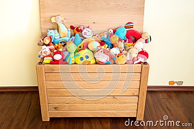 Toy Box full of soft toys Stock Photo