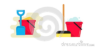 Toy bucket with sand and spade shovel vector icon or plastic pail with mop as cleaning floor service flat cartoon illustration Vector Illustration