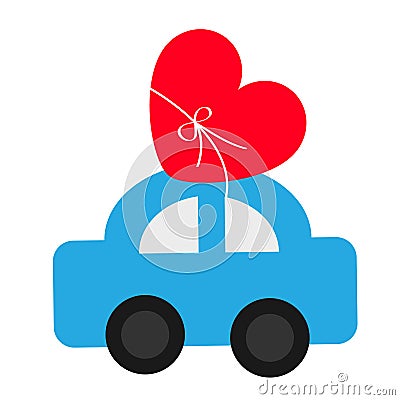 Toy car carrying red love heart shape icon with bow. Happy Valentines Day sign symbol. Delivering gift. Flat design. Greeting card Vector Illustration
