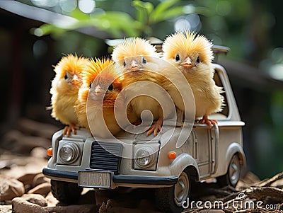 Toy car road trip with baby rooster Stock Photo