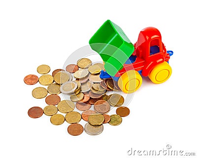 Toy car truck and money coins Stock Photo