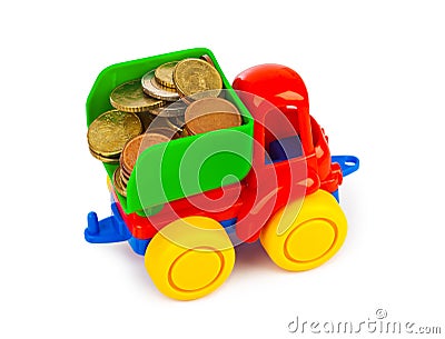 Toy car truck and money coins Stock Photo