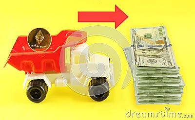 A toy car on a yellow background with an ether coin and a stack of dollars nearby. Editorial Stock Photo