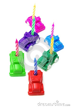 Toy Cars with Birthday Candles Stock Photo