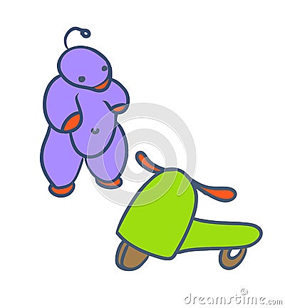 Toy for children. Green scooter, purple robot. Vector Illustration