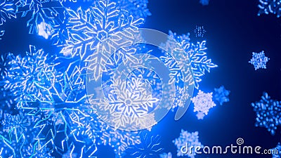 Toy Christmas blue snowflakes covered with sparkles in the air glisten in the light with shallow depth of field giving a Stock Photo