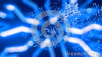 Toy Christmas blue snowflakes covered with sparkles in the air glisten in the light with shallow depth of field giving a Stock Photo