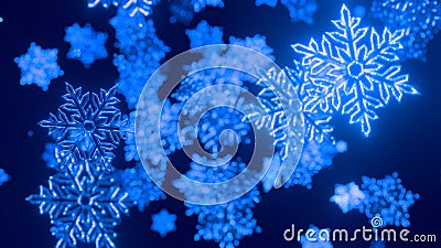 Toy Christmas blue snowflakes covered with sparkles in the air glisten in the light with shallow depth of field giving a Stock Photo