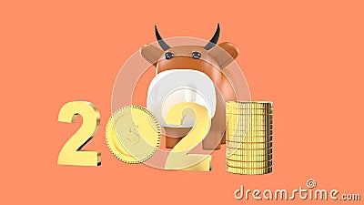 A toy cow model and columns of gold coins and 2021 banner Stock Photo