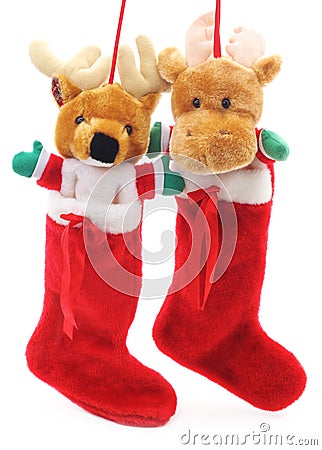 Toy deer in Ð¡hristmas socks. Stock Photo