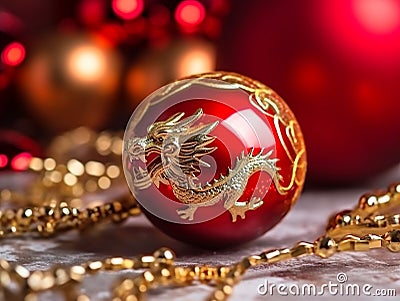 A toy dinosaur figurine with Christmas tree balls on a red background. Stock Photo