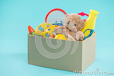 Toy. Donation box with unwanted items for poor Stock Photo