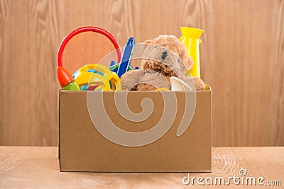 Toy. Donation box with unwanted items for poor Stock Photo