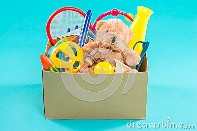 Toy. Donation box with unwanted items for poor Stock Photo