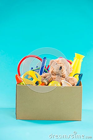 Toy. Donation box with unwanted items for poor Stock Photo