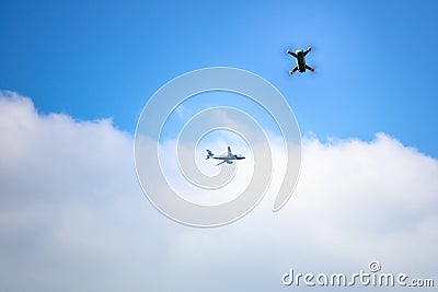 toy drone and airplane blue sky background Stock Photo