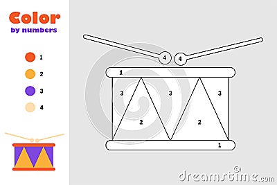 Toy drum in cartoon style, color by number, education paper game for the development of children, coloring page, kids preschool Stock Photo