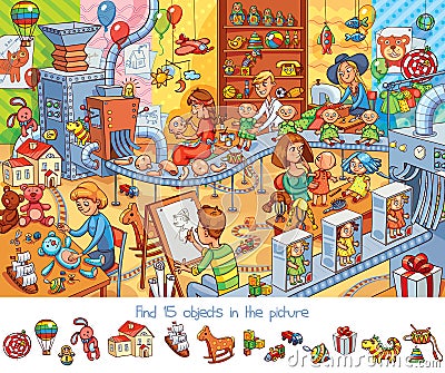 Toy factory. Find 15 objects in the picture Vector Illustration