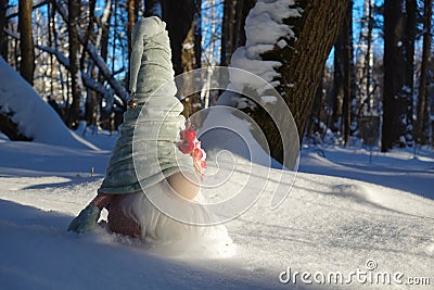 A toy gnome in a cap on the snow, a winter toy gnome sits in a white snowdrift Stock Photo