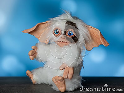 toy Gremlin Gizmo, hand made in a mixed technique from faux fur and polymer clay Stock Photo